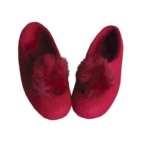 Войлочные тапочки темно-красные «С помпонами из меха кролика», размер 36