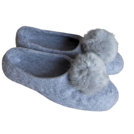 Войлочные тапочки серые «С помпонами из меха кролика», размер 18